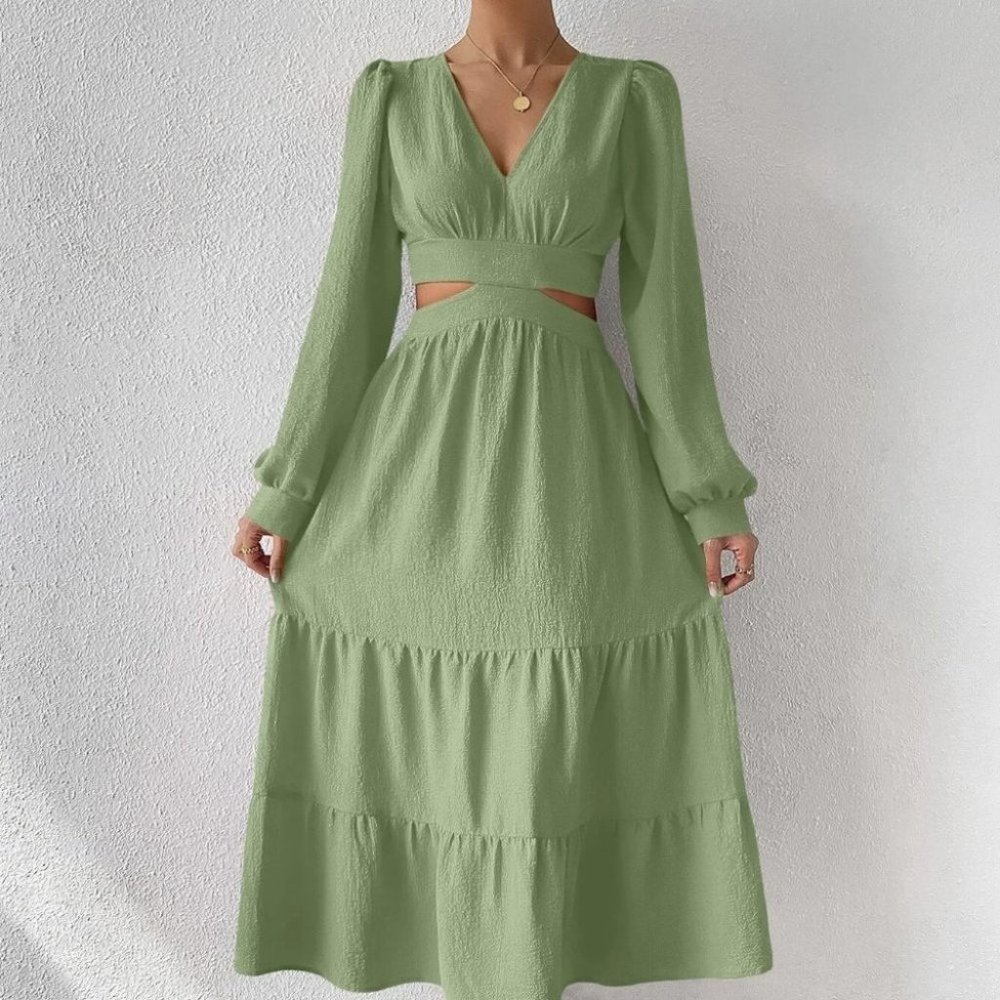 Cut Out Waist Lantern Sleeve Ruffle Hem green Dress maxi - Picture 3 of 5